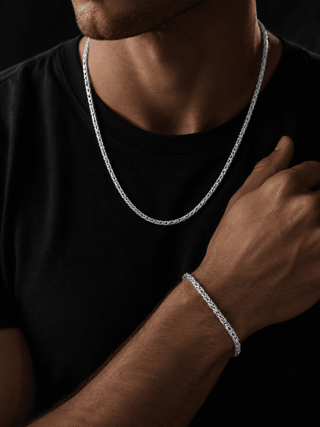 Erkek Gümüş Kolye Bileklik Set - Dikdörtgen Kesim Yassı Kral Gümüş Kolye Bileklik Set 4mm